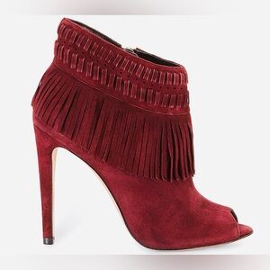 Rebecca Minkoff Burgundy Suede Fringe Peep-Toe bootied 7.5M Like New!